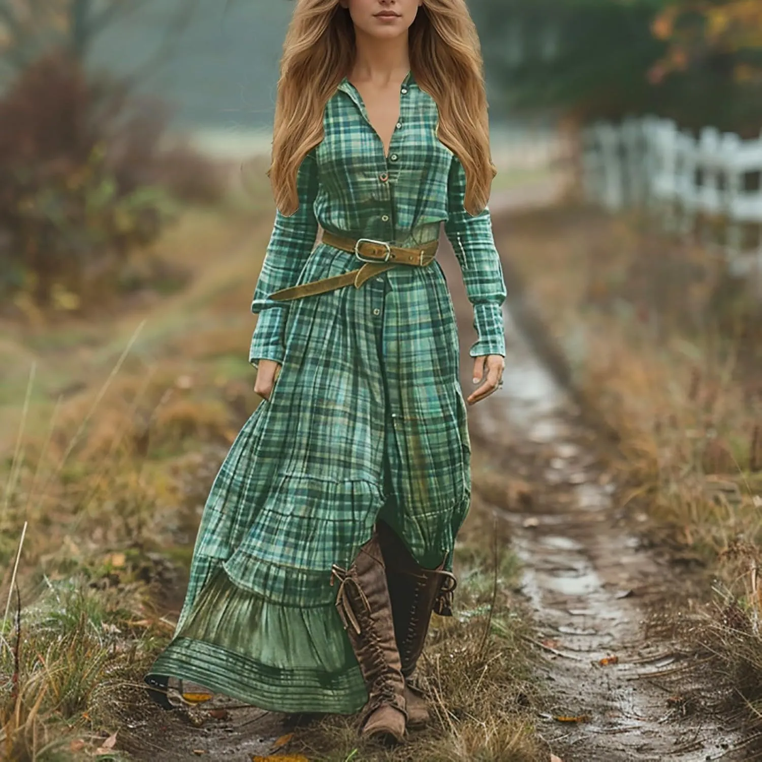 Women's Long Boho Dress Vintage Pastoral Flower V-Neck Western Dress Spring Casual Maxi Dress