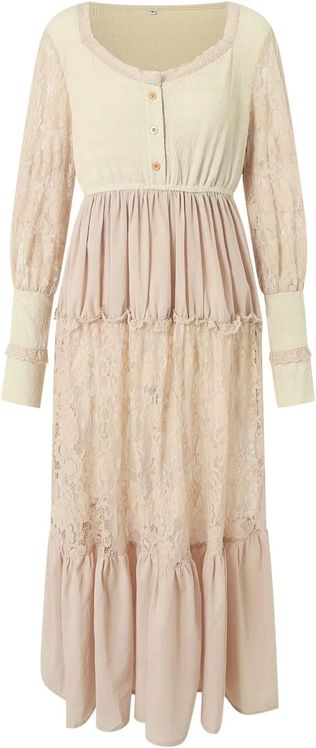 Women's Long Boho Dress Vintage Pastoral Flower V-Neck Western Dress Spring Casual Maxi Dress