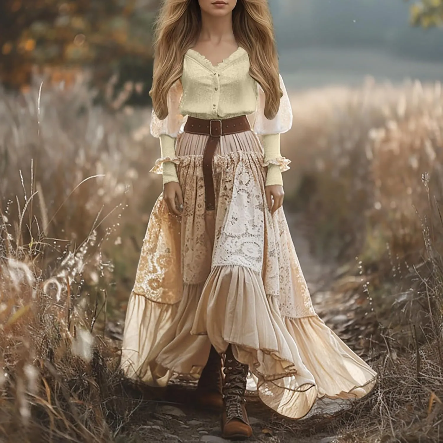 Women's Long Boho Dress Vintage Pastoral Flower V-Neck Western Dress Spring Casual Maxi Dress