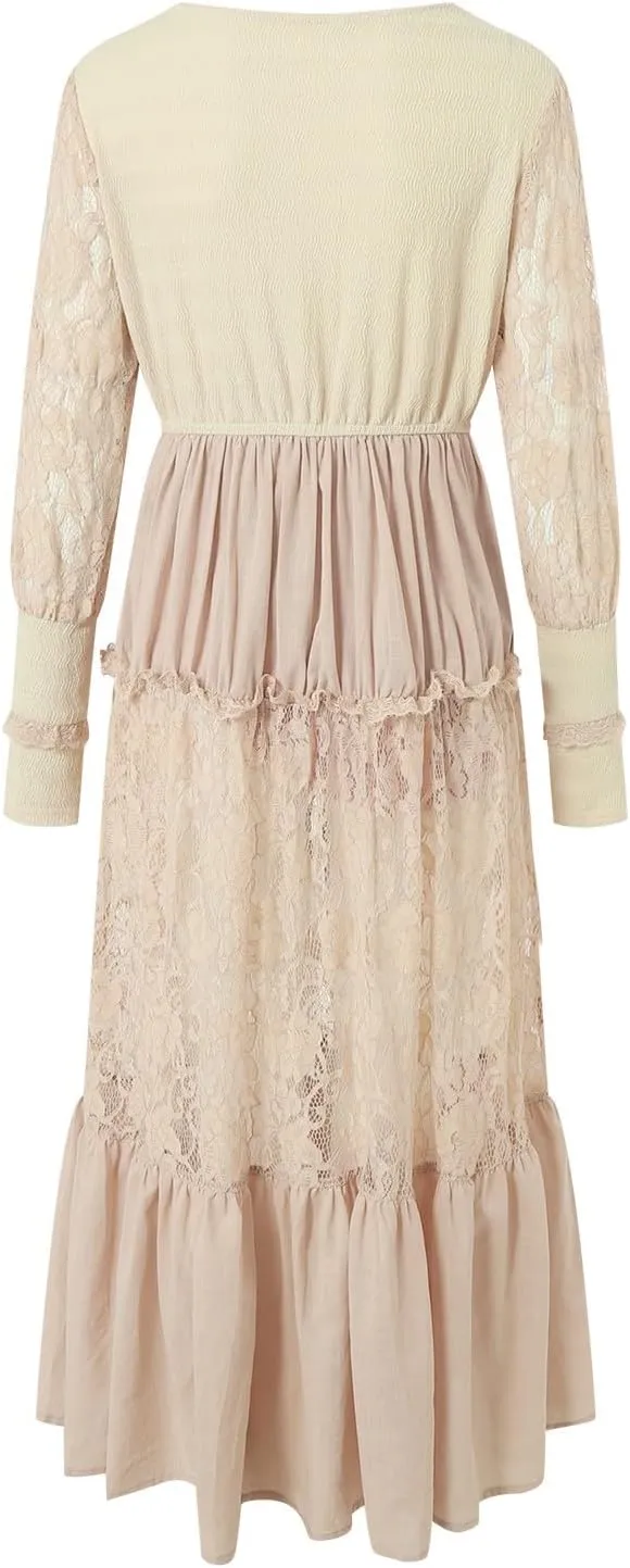 Women's Long Boho Dress Vintage Pastoral Flower V-Neck Western Dress Spring Casual Maxi Dress