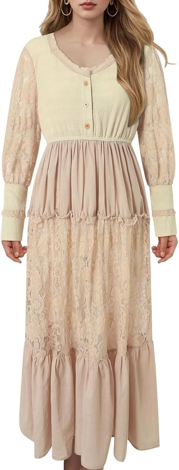 Women's Long Boho Dress Vintage Pastoral Flower V-Neck Western Dress Spring Casual Maxi Dress