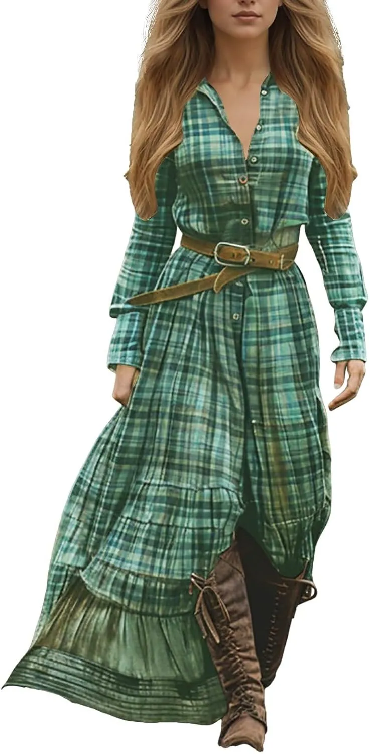 Women's Long Boho Dress Vintage Pastoral Flower V-Neck Western Dress Spring Casual Maxi Dress