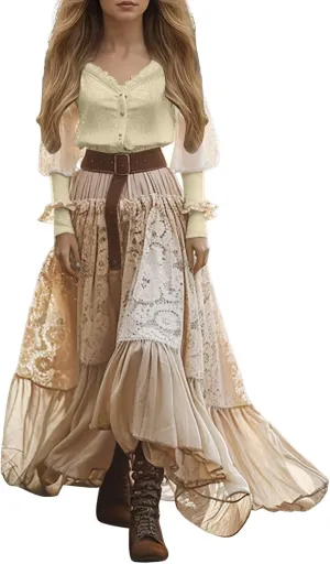 Women's Long Boho Dress Vintage Pastoral Flower V-Neck Western Dress Spring Casual Maxi Dress