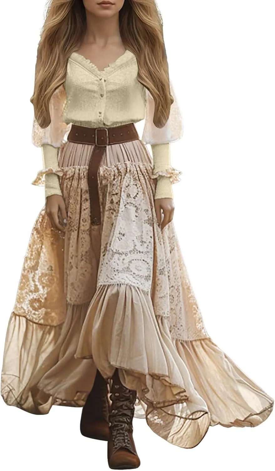Women's Long Boho Dress Vintage Pastoral Flower V-Neck Western Dress Spring Casual Maxi Dress