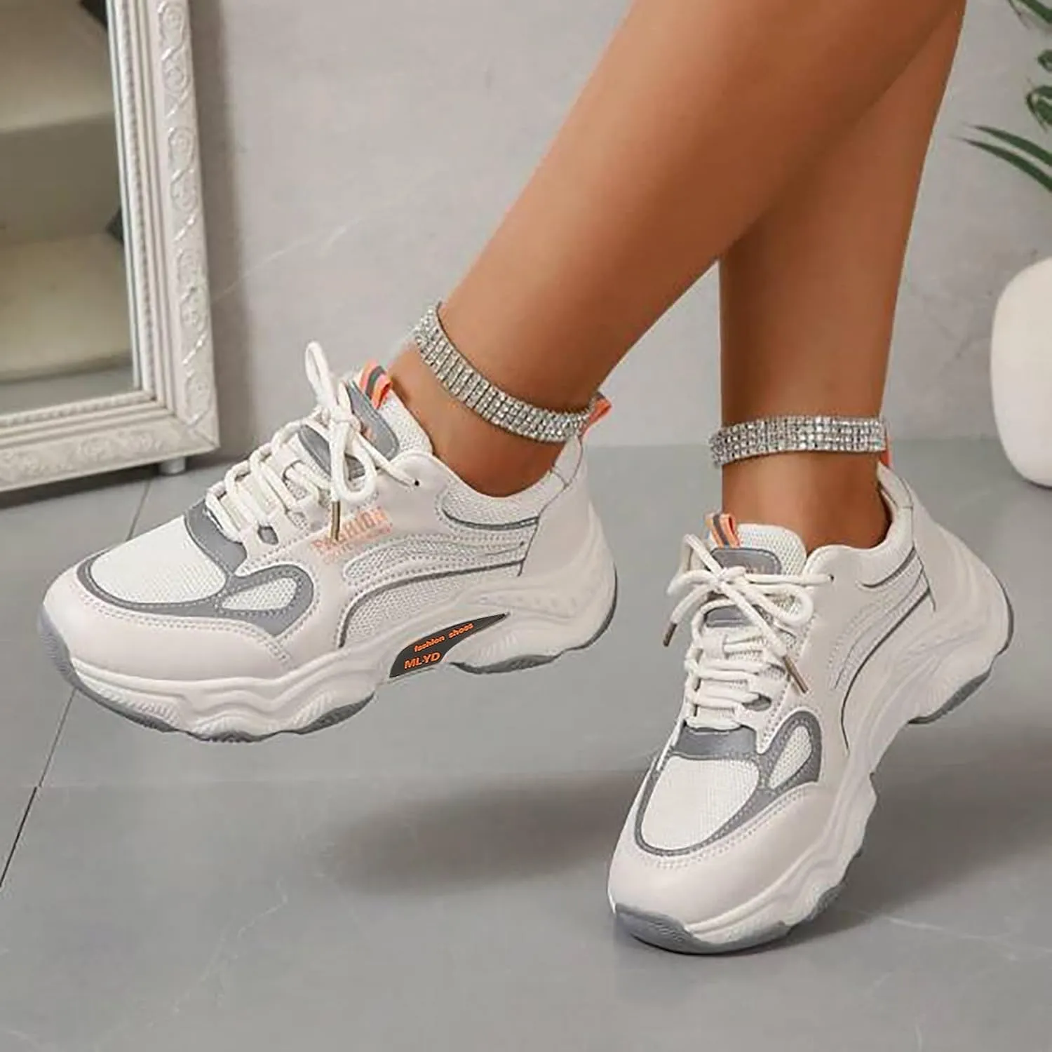 Women's Slip on Walking Shoes Comfy PU Leather Non Slip Arch Support Running Shoes Breathable Gym Workout Shoes Fashion Lace Up Sneakers