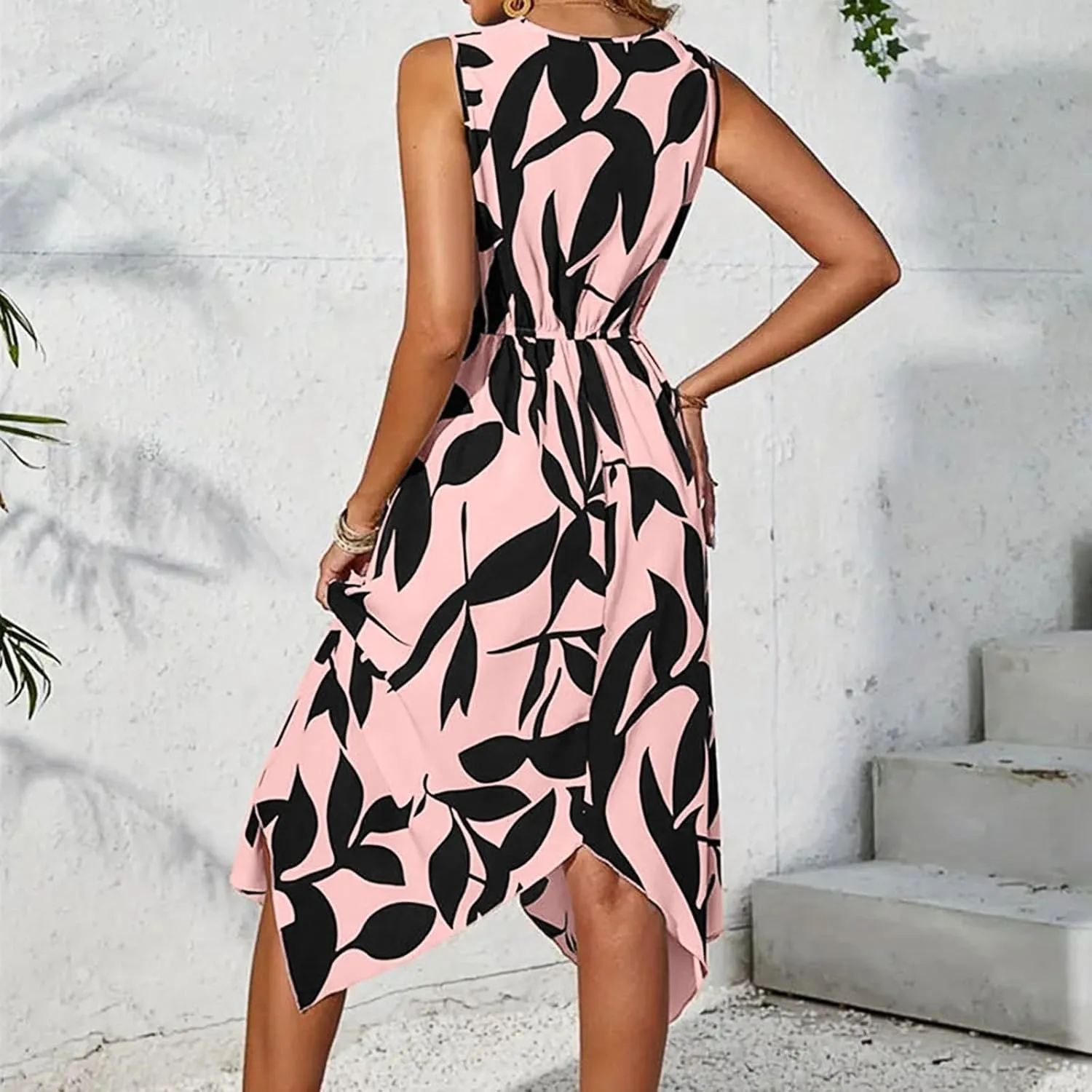 Womens Spring Dress Short Sleeve Classy Belted V-Neck Sundress and Asymmetric Hem Beach Tie Waist Floral Print Midi Dress