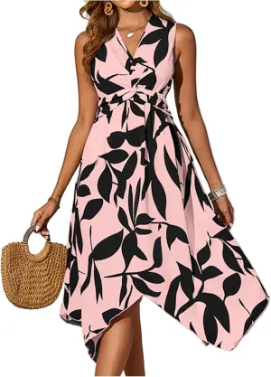 Womens Spring Dress Short Sleeve Classy Belted V-Neck Sundress and Asymmetric Hem Beach Tie Waist Floral Print Midi Dress