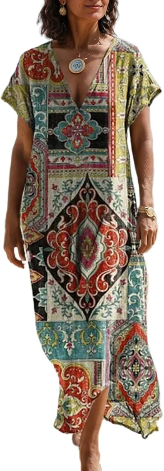 Women's Summer Boho Floral V-Neck Short Sleeve Maxi Dress Casual Loose Slit Hem Beach Vacation Tshirt Dress