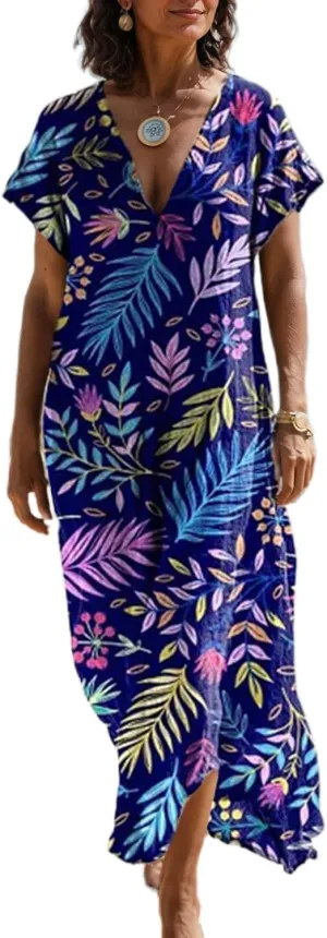 Women's Summer Boho Floral V-Neck Short Sleeve Maxi Dress Casual Loose Slit Hem Beach Vacation Tshirt Dress