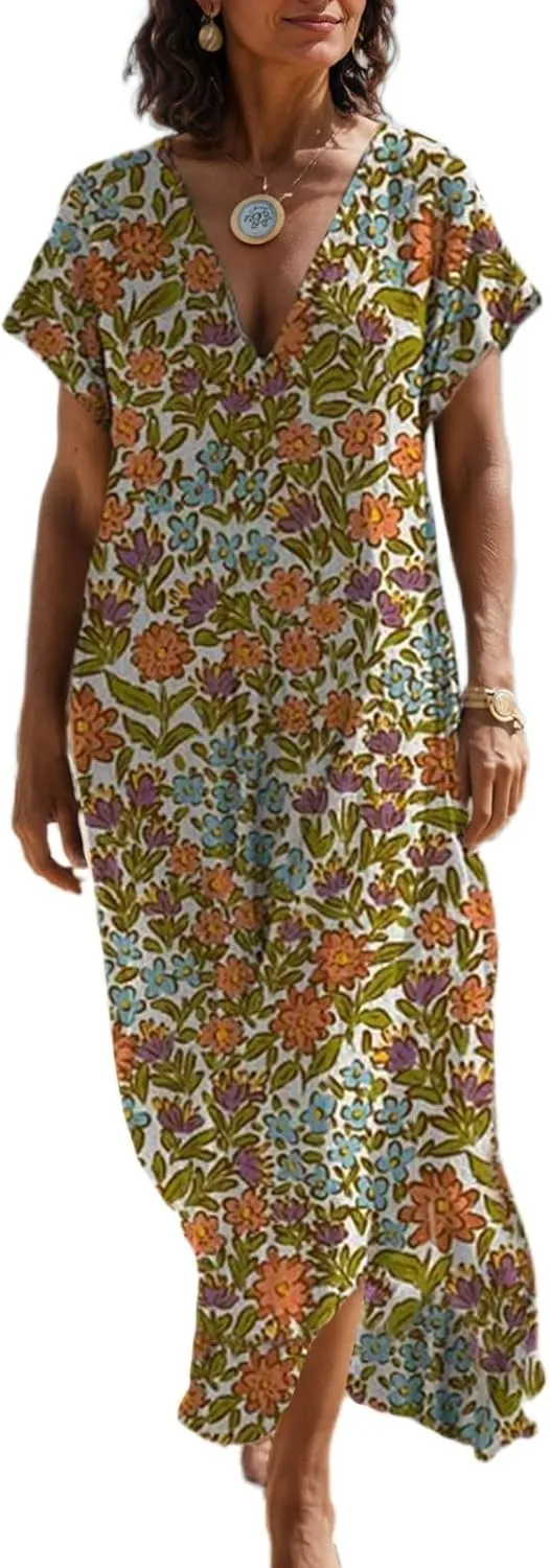 Women's Summer Boho Floral V-Neck Short Sleeve Maxi Dress Casual Loose Slit Hem Beach Vacation Tshirt Dress
