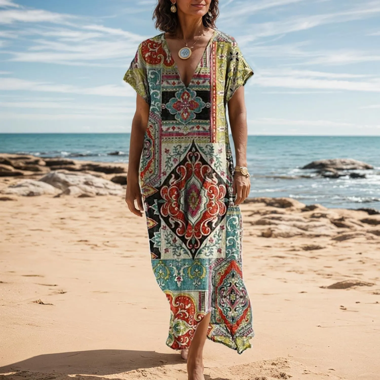 Women's Summer Boho Floral V-Neck Short Sleeve Maxi Dress Casual Loose Slit Hem Beach Vacation Tshirt Dress