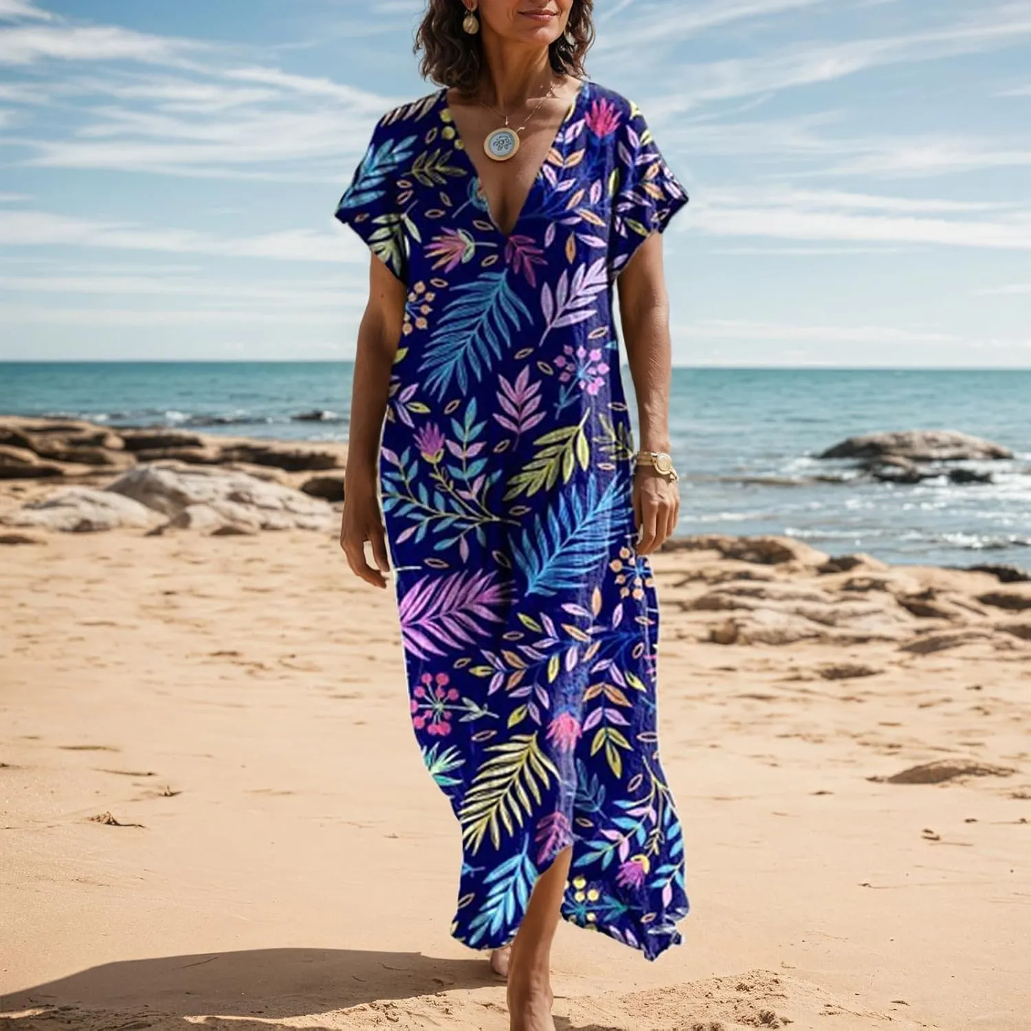 Women's Summer Boho Floral V-Neck Short Sleeve Maxi Dress Casual Loose Slit Hem Beach Vacation Tshirt Dress