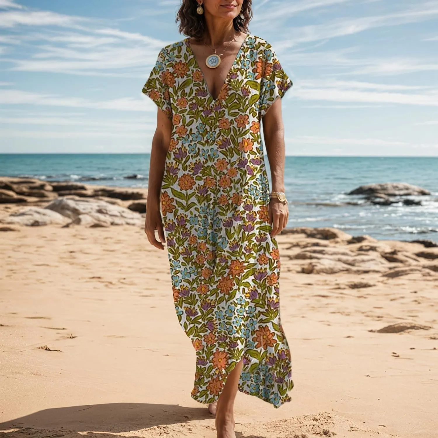 Women's Summer Boho Floral V-Neck Short Sleeve Maxi Dress Casual Loose Slit Hem Beach Vacation Tshirt Dress