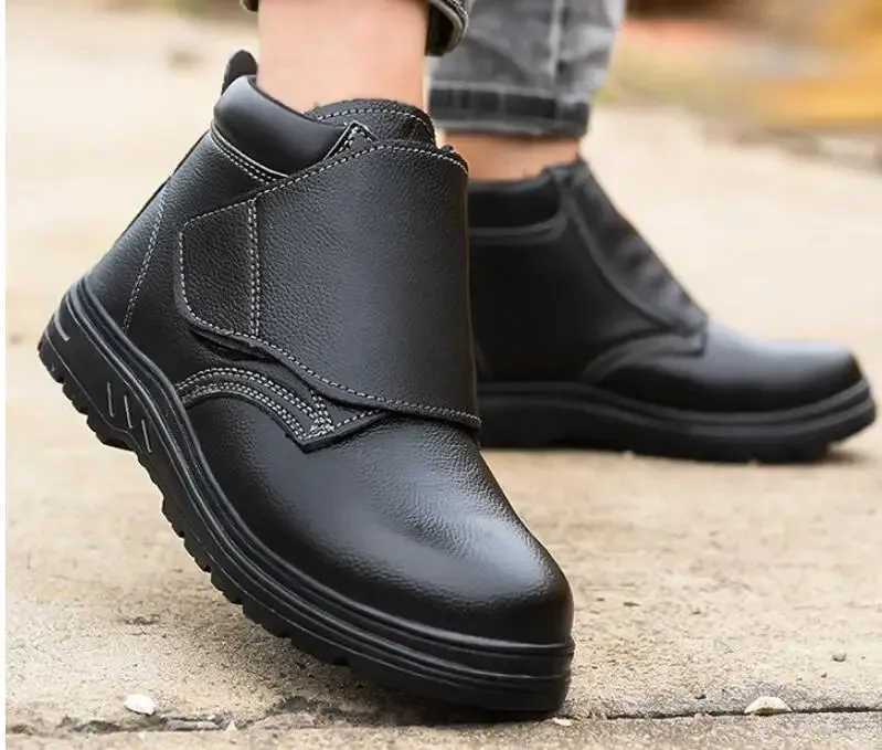 Work Safety Shoes for Men Steel Toe Cow Leather Slip-on Safety Boots Men Breathable Puncture-proof Outdoor Shoes
