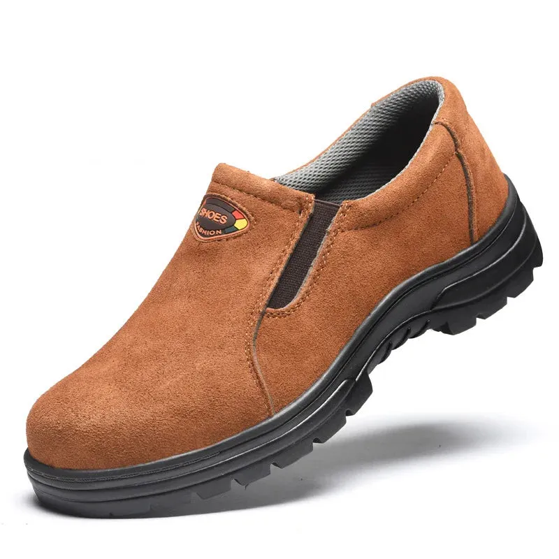 Work Safety Shoes for Men Steel Toe Cow Leather Slip-on Safety Boots Men Breathable Puncture-proof Outdoor Shoes