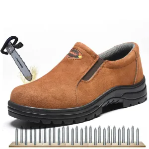 Work Safety Shoes for Men Steel Toe Cow Leather Slip-on Safety Boots Men Breathable Puncture-proof Outdoor Shoes