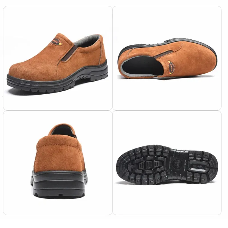Work Safety Shoes for Men Steel Toe Cow Leather Slip-on Safety Boots Men Breathable Puncture-proof Outdoor Shoes